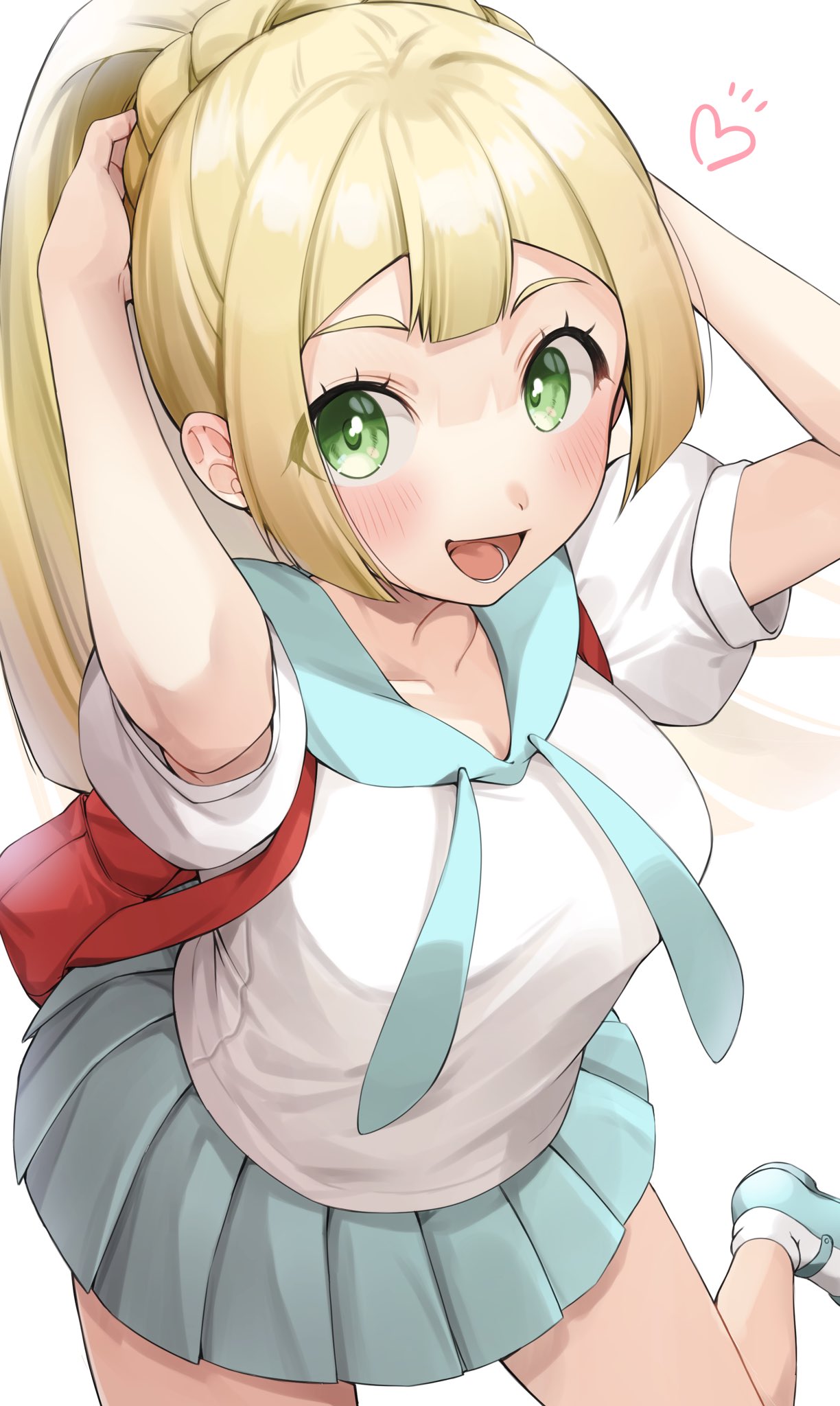 1girl, backpack, bag, bangs, blonde_hair, blue_footwear, blue_skirt, blunt_bangs