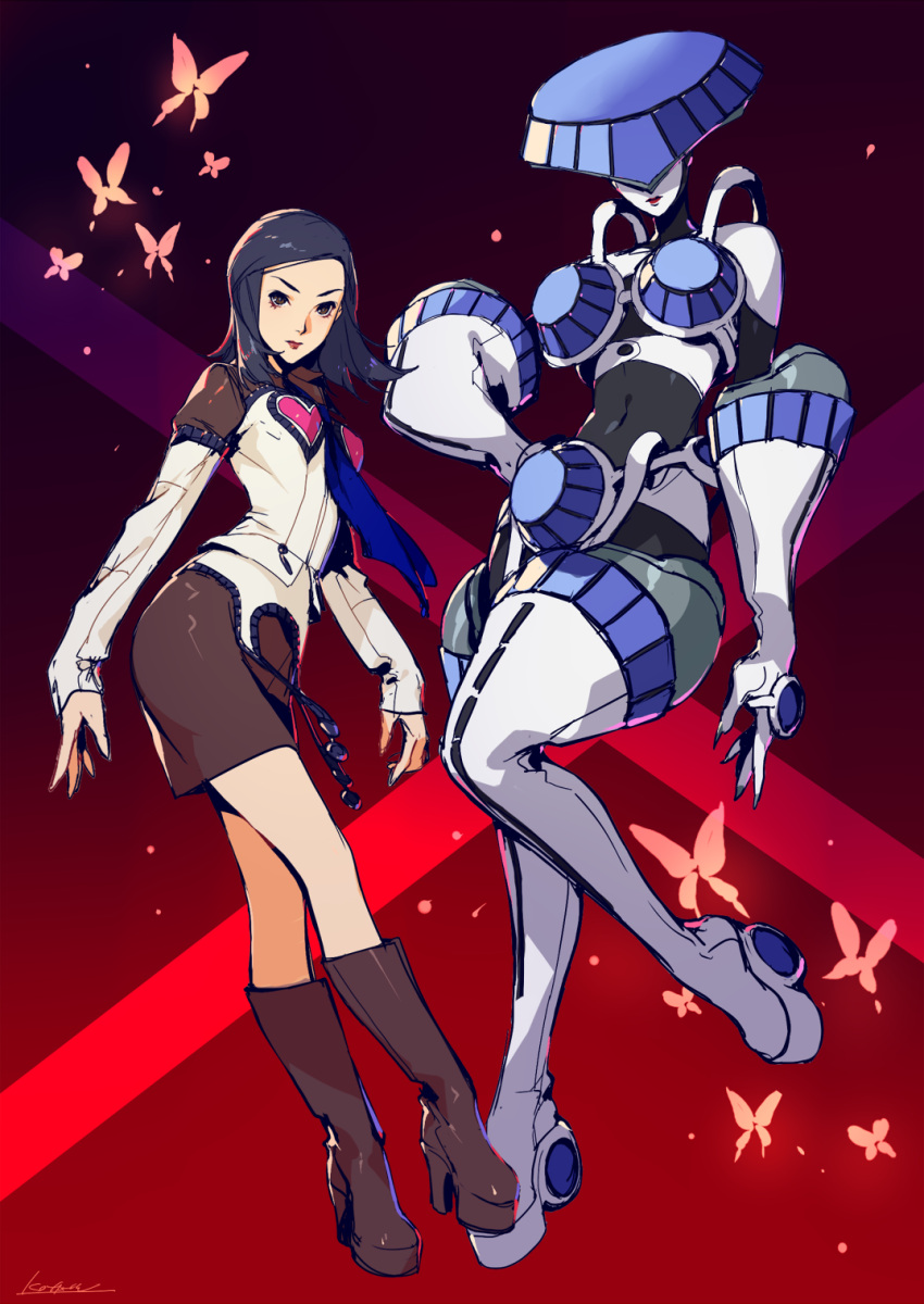 1girl, 2girls, amano_maya, artemis_(persona_2), black_hair, blue_necktie, boots, brown_footwear