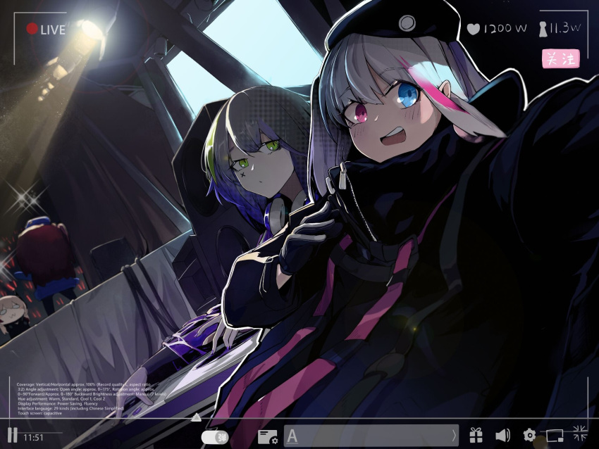 2girls, beret, black_gloves, blue_eyes, english_text, girls_frontline, gloves, green_eyes