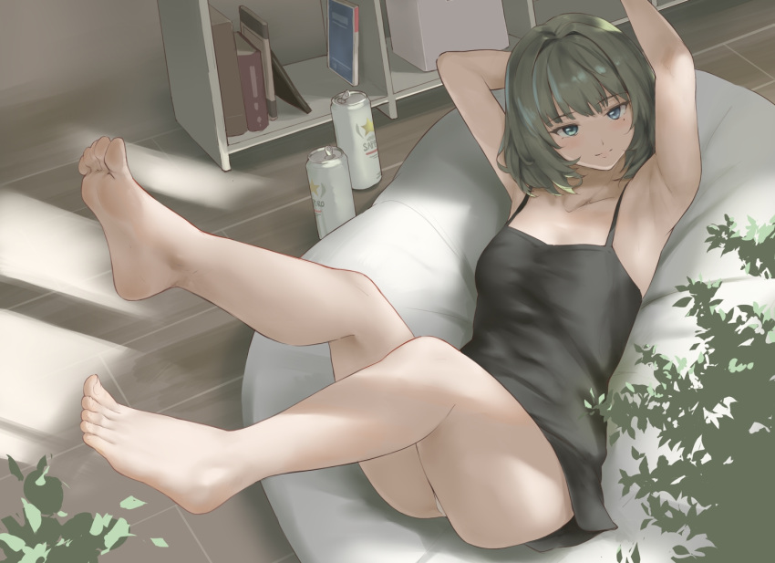 1girl, armpits, arms_up, bare_legs, barefoot, beer_can, black_camisole, bob_cut