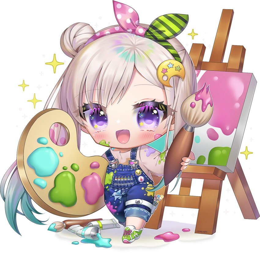 1girl, :d, airani_iofifteen, aqua_hair, bangs, chibi, color_guide, easel