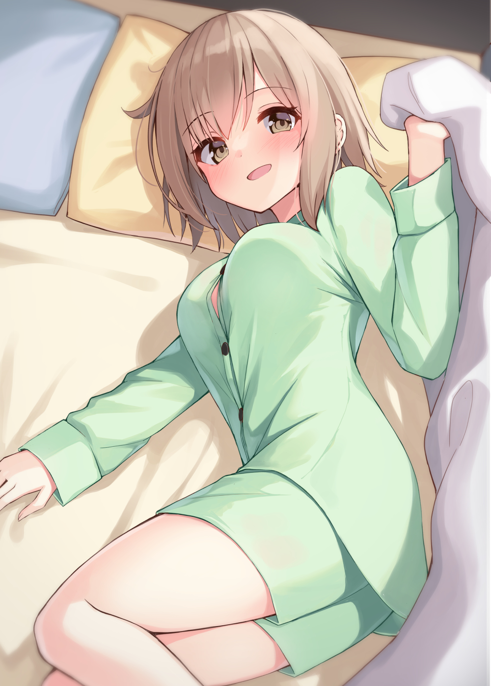 1girl, :d, bangs, bed, blush, breasts, brown_eyes, brown_hair