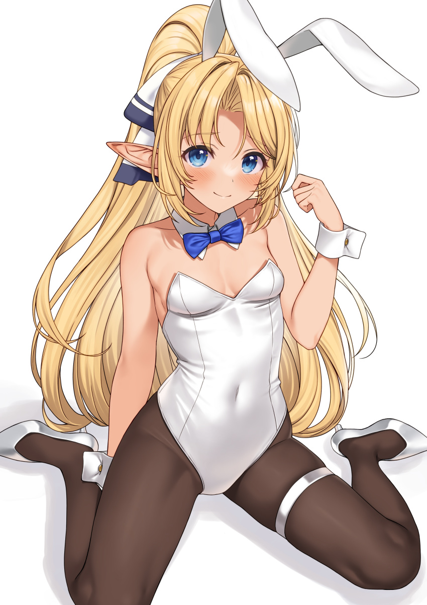 1girl, absurdres, animal_ears, bangs, bare_shoulders, black_legwear, blonde_hair, blue_bow, blue_bowtie, blush, bow, bowtie, breasts, covered_navel, detached_collar, elf, enjo_kouhai, fake_animal_ears, hair_ribbon, high_heels, highres, iris_(takunomi), leotard, long_hair, looking_at_viewer, pantyhose, parted_bangs, playboy_bunny, pointy_ears, rabbit_ears, ribbon, shoes, simple_background, sitting, small_breasts, smile, solo, takunomi, thigh_strap, very_long_hair, wariza, white_background, white_footwear, white_leotard, wrist_cuffs