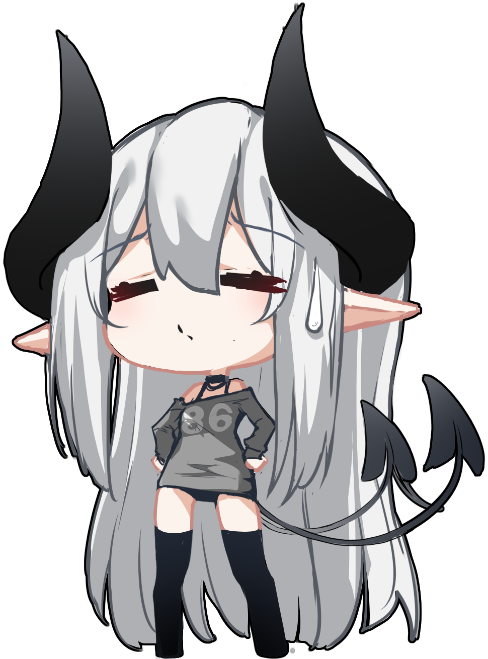 1girl, =_=, bangs, bare_shoulders, black_choker, black_legwear, black_panties, bra_strap