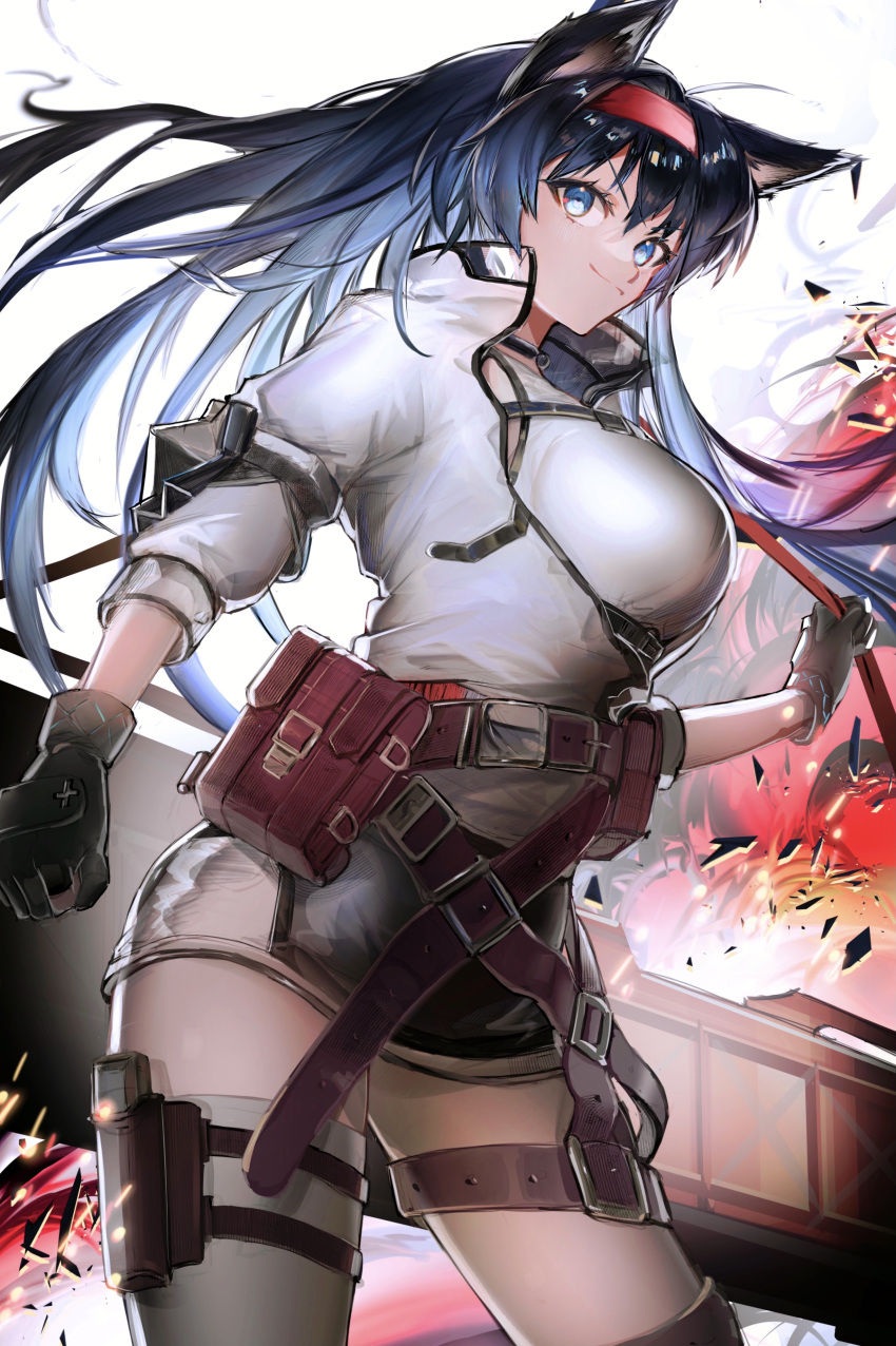 1girl, absurdres, animal_ears, arknights, bangs, black_gloves, black_hair, blaze_(arknights)
