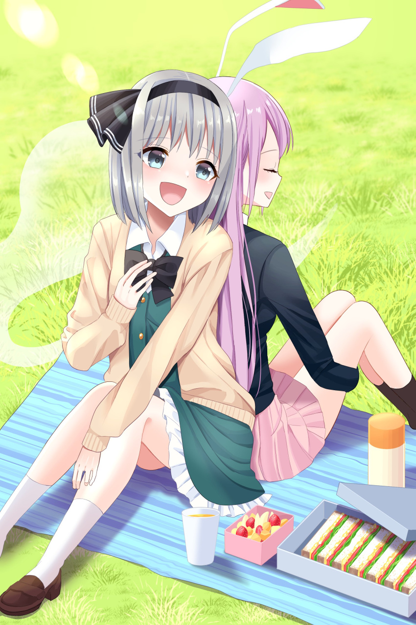 2girls, absurdres, animal_ears, banana, bangs, berry, black_bow, black_bowtie