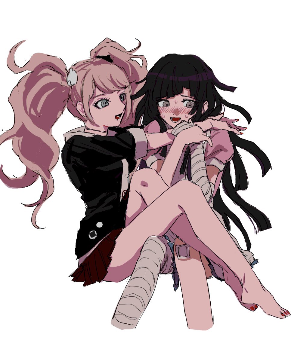 2girls, :d, a12740807, bandaged_arm, bandaged_leg, bandages, bandaid, bandaid_on_knee, bandaid_on_leg, bangs, barefoot, bear_hair_ornament, black_hair, black_shirt, blonde_hair, blush, brown_eyes, cropped_legs, danganronpa:_trigger_happy_havoc, danganronpa_(series), danganronpa_2:_goodbye_despair, enoshima_junko, grey_background, hair_ornament, hands_up, highres, long_hair, long_sleeves, looking_at_another, lower_teeth, miniskirt, multiple_girls, nail_polish, pink_shirt, pleated_skirt, puffy_short_sleeves, puffy_sleeves, red_nails, red_skirt, shirt, short_sleeves, simple_background, sitting, skirt, smile, sweat, teeth, toenail_polish, toenails, tongue, tsumiki_mikan, twintails