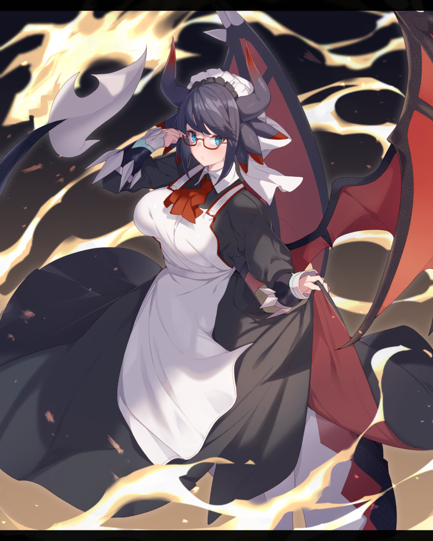 1girl, adjusting_eyewear, apron, ascot, bangs, black_hair, blue_eyes, breasts