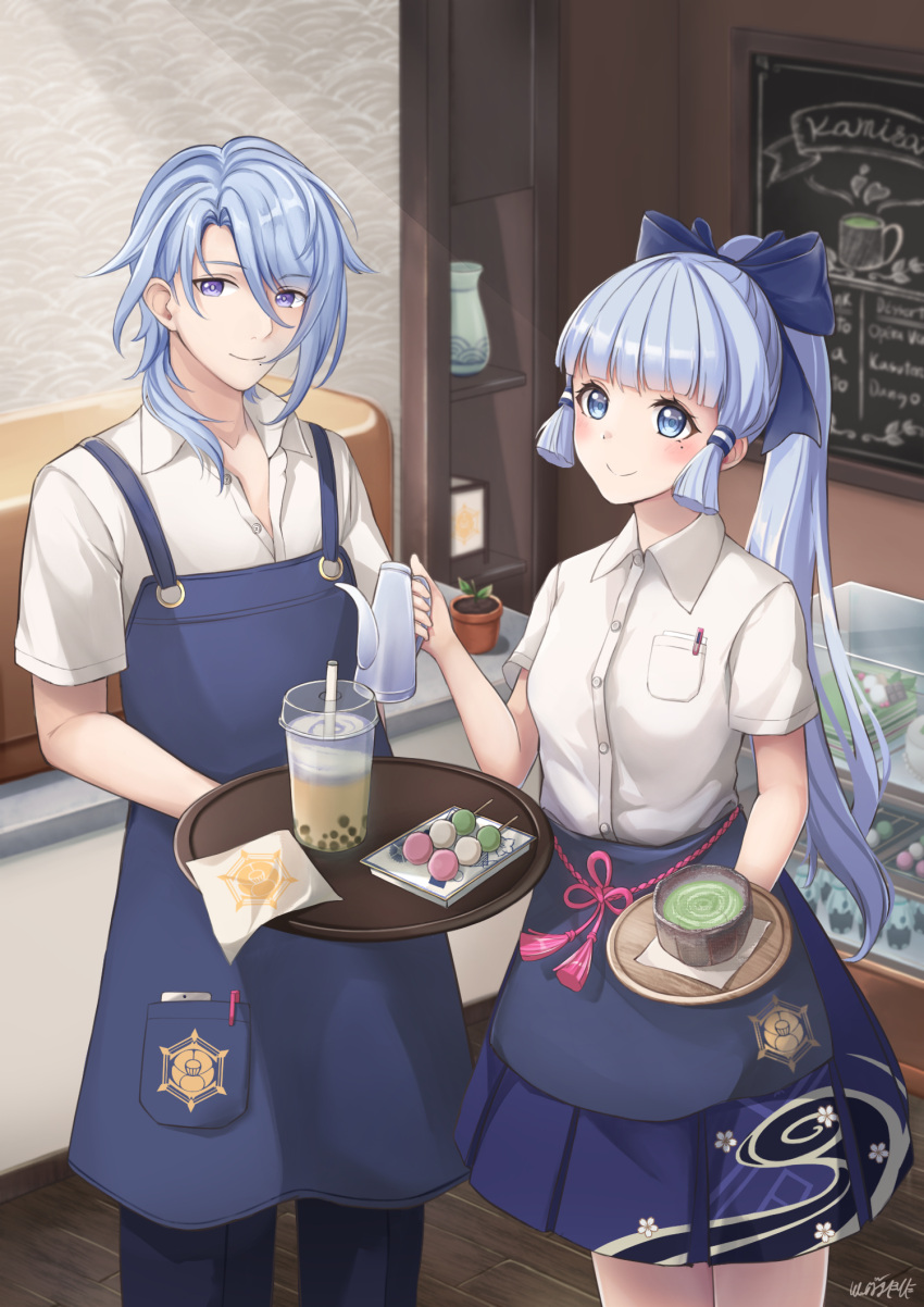 1boy, 1girl, apron, blue_eyes, blue_hair, blush, bow, brother_and_sister