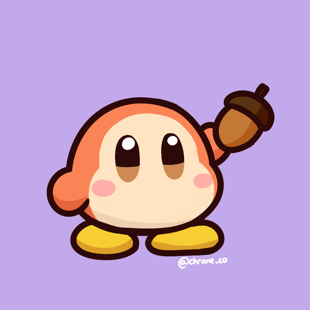 1other, acorn, artist_name, brown_eyes, chroneco, deez_nuts_(meme), english_commentary, hand_up, holding, kirby_(series), meme, no_humans, no_mouth, purple_background, simple_background, waddle_dee
