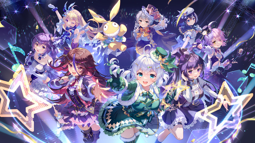 6+girls, :d, absurdres, bangs, bare_shoulders, benghuai_xueyuan, blue_eyes, bronya_zaychik