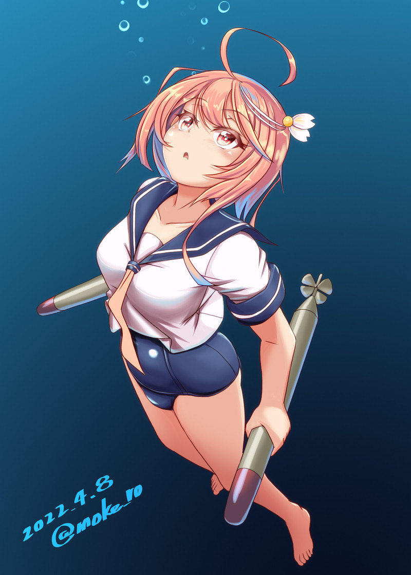 1girl, ahoge, air_bubble, barefoot, blue_swimsuit, breasts, bubble, collarbone, covered_navel, dated, diving, eyebrows_visible_through_hair, hair_between_eyes, hair_ornament, i-58_(kancolle), kantai_collection, light_brown_hair, moke_ro, neckerchief, one-piece_swimsuit, pink_eyes, pink_hair, school_swimsuit, school_uniform, serafuku, short_hair, small_breasts, solo, swimsuit, swimsuit_under_clothes, torpedo, twitter_username, underwater