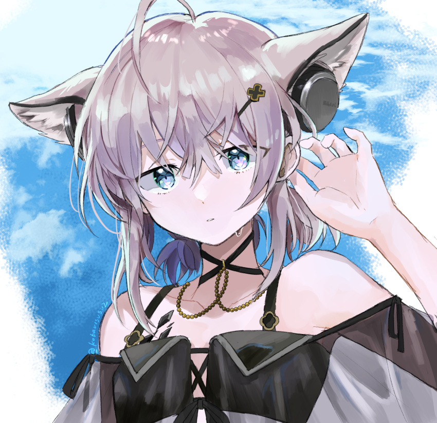 1girl, ahoge, alternate_hairstyle, animal_ears, arknights, arm_up, bangs, bare_shoulders, blue_eyes, brown_hair, commentary_request, fox_ears, fox_girl, hair_between_eyes, hair_ornament, hairclip, headphones, highres, kobarisusuz, looking_at_viewer, official_alternate_costume, oripathy_lesion_(arknights), parted_lips, portrait, short_hair, solo, sussurro_(arknights), sussurro_(summer_flowers)_(arknights), swimsuit, touching_ears