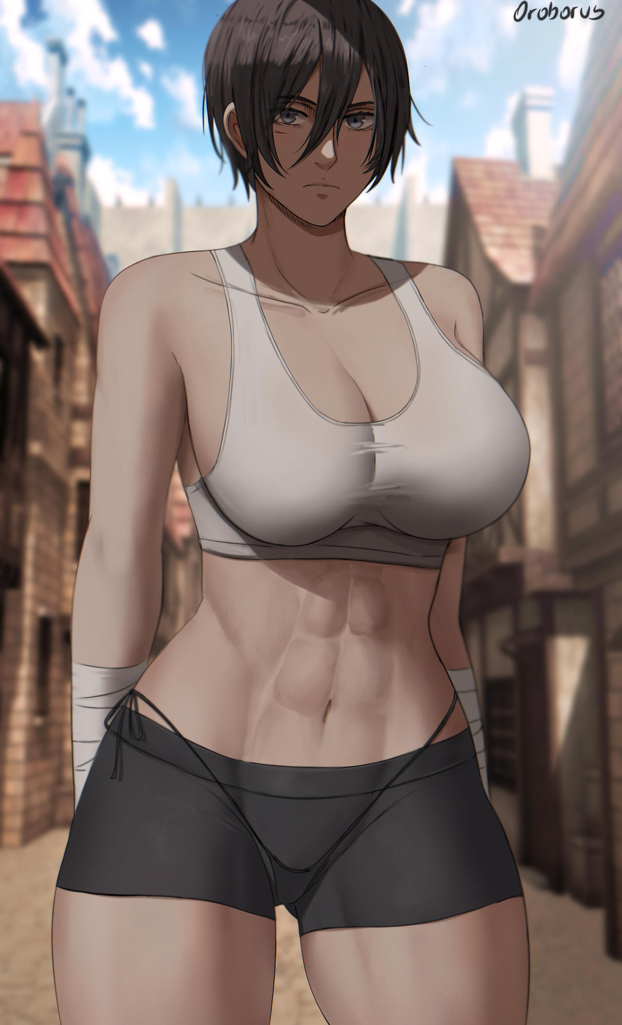 1girl, abs, arms_behind_back, artist_name, bandaged_arm, bandages, bangs, black_eyes, black_hair, black_panties, black_shorts, blue_sky, blurry, blurry_background, breasts, collarbone, cowboy_shot, english_commentary, eyebrows_visible_through_hair, hair_between_eyes, high-waist_panties, highres, large_breasts, looking_at_viewer, midriff, mikasa_ackerman, navel, oroborus, outdoors, panties, shingeki_no_kyojin, short_hair, short_shorts, shorts, sky, solo, sports_bra, string_panties, thighs, underwear, white_sports_bra