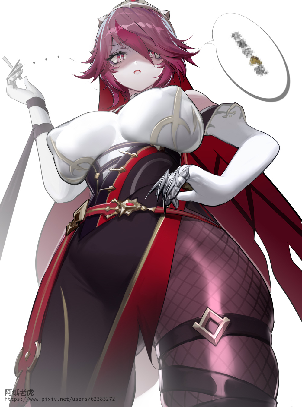 1girl, a_zhilaohu, bangs, blush, breasts, genshin_impact, hair_between_eyes, highres, large_breasts, looking_at_viewer, multicolored_hair, purple_hair, redhead, rosaria_(genshin_impact), short_hair, streaked_hair, thighs, violet_eyes