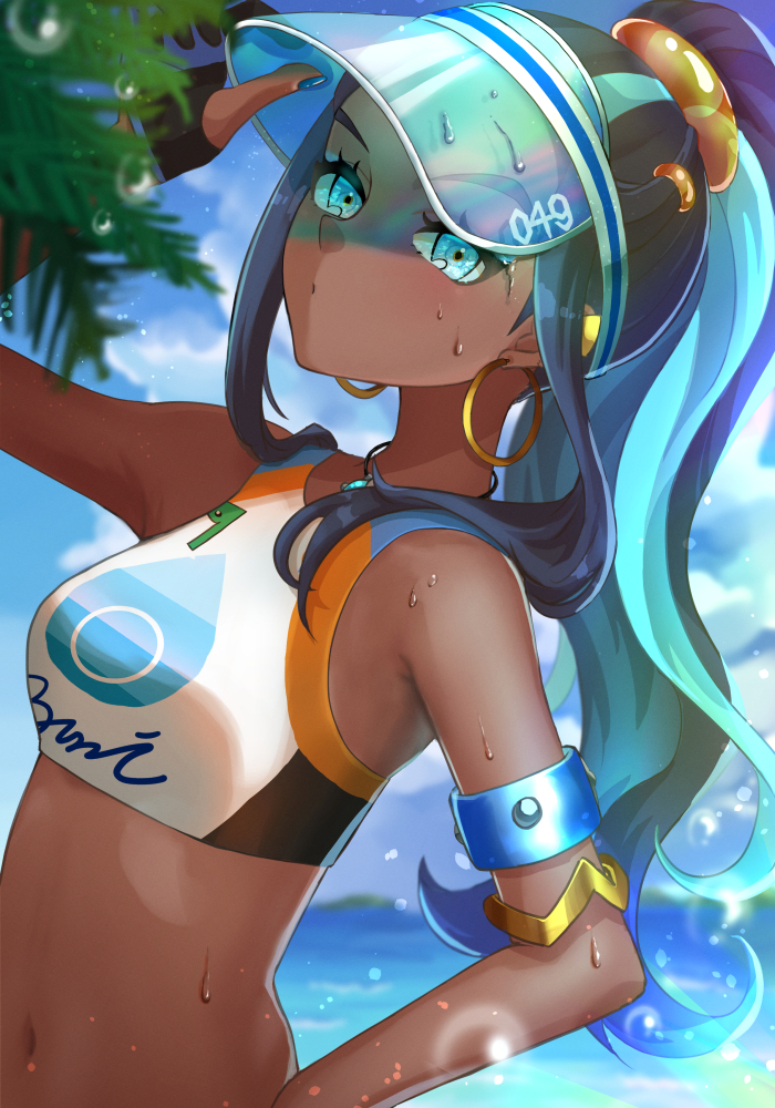 1girl, arm_up, armlet, bare_shoulders, black_gloves, black_hair, blue_eyes, blue_hair