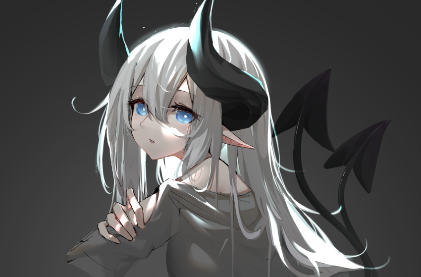 1girl, bangs, bare_shoulders, black_background, blue_eyes, commentary, demon_tail, grey_sweater