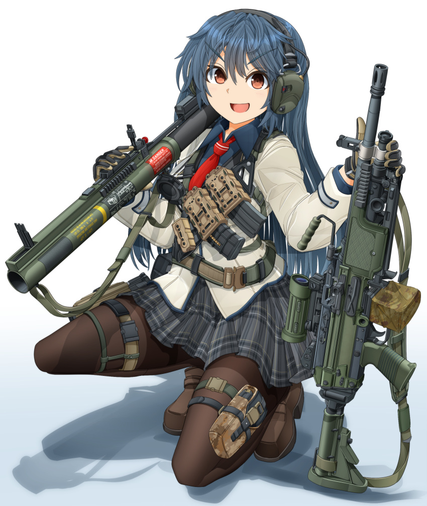 1girl, absurdres, blue_hair, brown_eyes, brown_footwear, brown_gloves, cloud9, earmuffs
