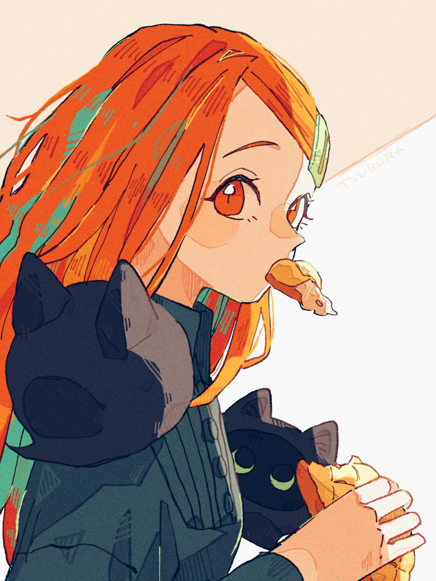 1girl, 99_yen_(tsubura), animal_on_shoulder, aqua_hair, artist_name, bread, cat, eating, food, highres, holding, holding_food, long_hair, long_sleeves, melon_bread, mouth_hold, multicolored_hair, orange_eyes, orange_hair, original, solo, sweater, two-tone_hair, upper_body