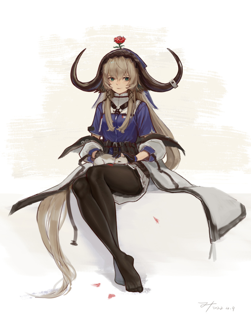 1girl, absurdres, ahong, animal_ears, arknights, bangs, black_gloves, black_legwear, blue_eyes, blue_shirt, cat, closed_mouth, coat, cow_ears, cow_girl, cow_horns, dated, eyebrows_behind_hair, flower, full_body, gloves, highres, horns, long_hair, long_sleeves, looking_at_viewer, no_shoes, open_clothes, open_coat, pallas_(arknights), petting, red_flower, red_rose, rose, shirt, sidelocks, signature, sitting, smile, solo, two-tone_background, veil, very_long_hair, white_background, white_cat, white_coat, yellow_background
