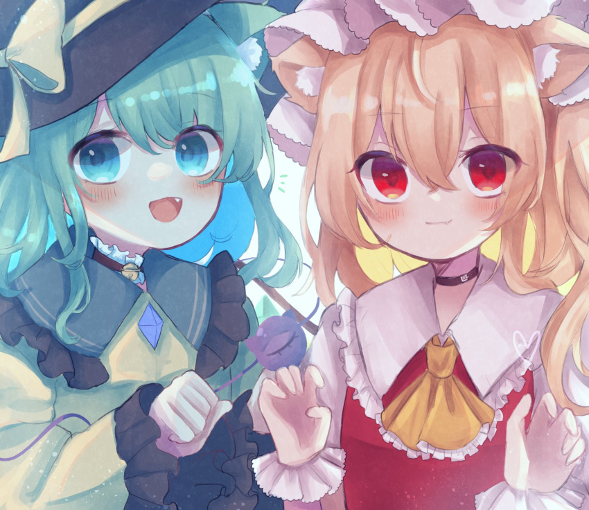 2girls, animal_ear_fluff, animal_ears, ascot, bangs, bell, black_headwear, blonde_hair, blouse, blue_eyes, blush, bow, brown_choker, buttons, cat_ears, choker, closed_mouth, collared_blouse, collared_shirt, commentary_request, crystal, dorowa_(drawerslove), dress, eyebrows_visible_through_hair, eyes_visible_through_hair, fang, flandre_scarlet, frilled_choker, frills, green_hair, grey_shirt, hair_between_eyes, hands_up, hat, hat_bow, heart, highres, jewelry, komeiji_koishi, long_sleeves, looking_at_viewer, looking_to_the_side, mob_cap, multiple_girls, neck_bell, one_side_up, open_mouth, puffy_short_sleeves, puffy_sleeves, red_dress, red_eyes, shirt, short_hair, short_sleeves, simple_background, smile, third_eye, tongue, touhou, upper_body, white_background, white_headwear, wide_sleeves, wings, wrist_cuffs, yellow_ascot, yellow_blouse, yellow_bow