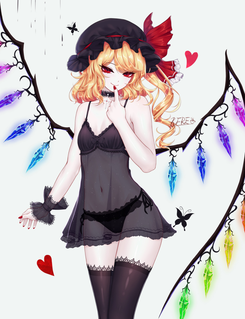 1girl, alternate_costume, bare_shoulders, black_legwear, black_nails, black_panties, blonde_hair, flandre_scarlet