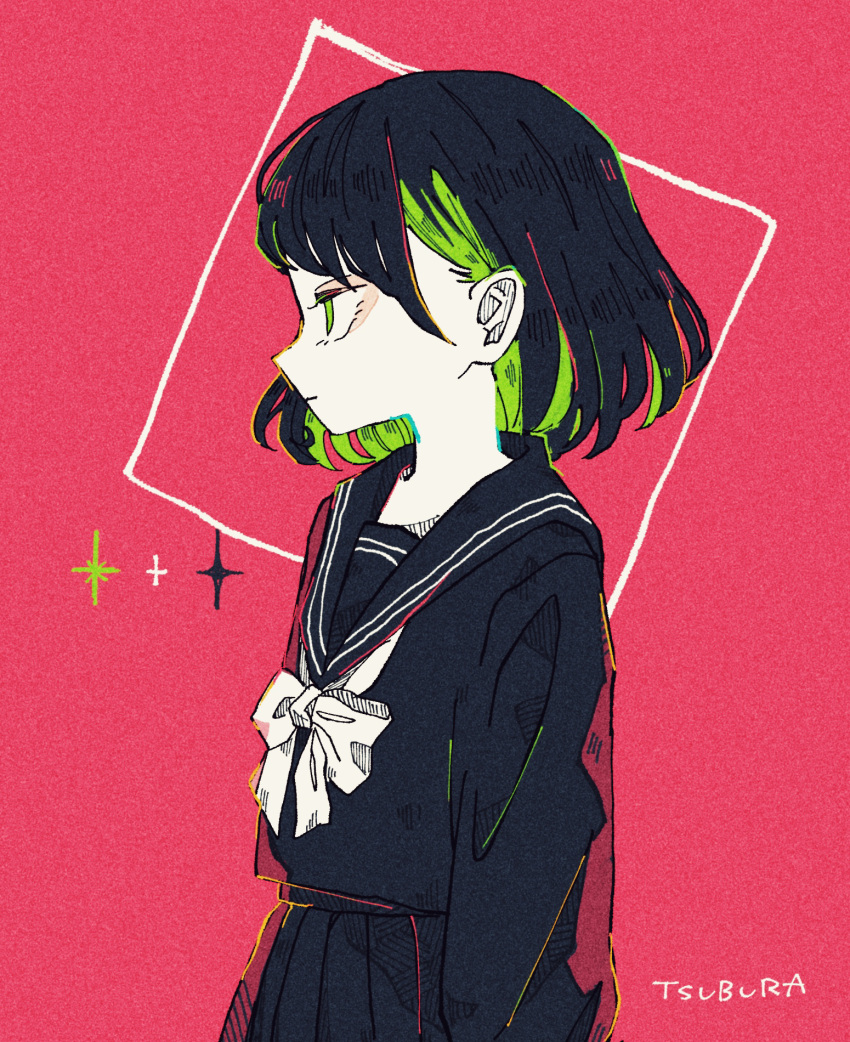 1girl, 99_yen_(tsubura), artist_name, bangs, black_serafuku, black_skirt, bob_cut, bow, colored_inner_hair, green_eyes, green_hair, highres, multicolored_hair, original, pale_skin, profile, red_background, school_uniform, serafuku, short_hair, simple_background, skirt, solo, standing, white_bow