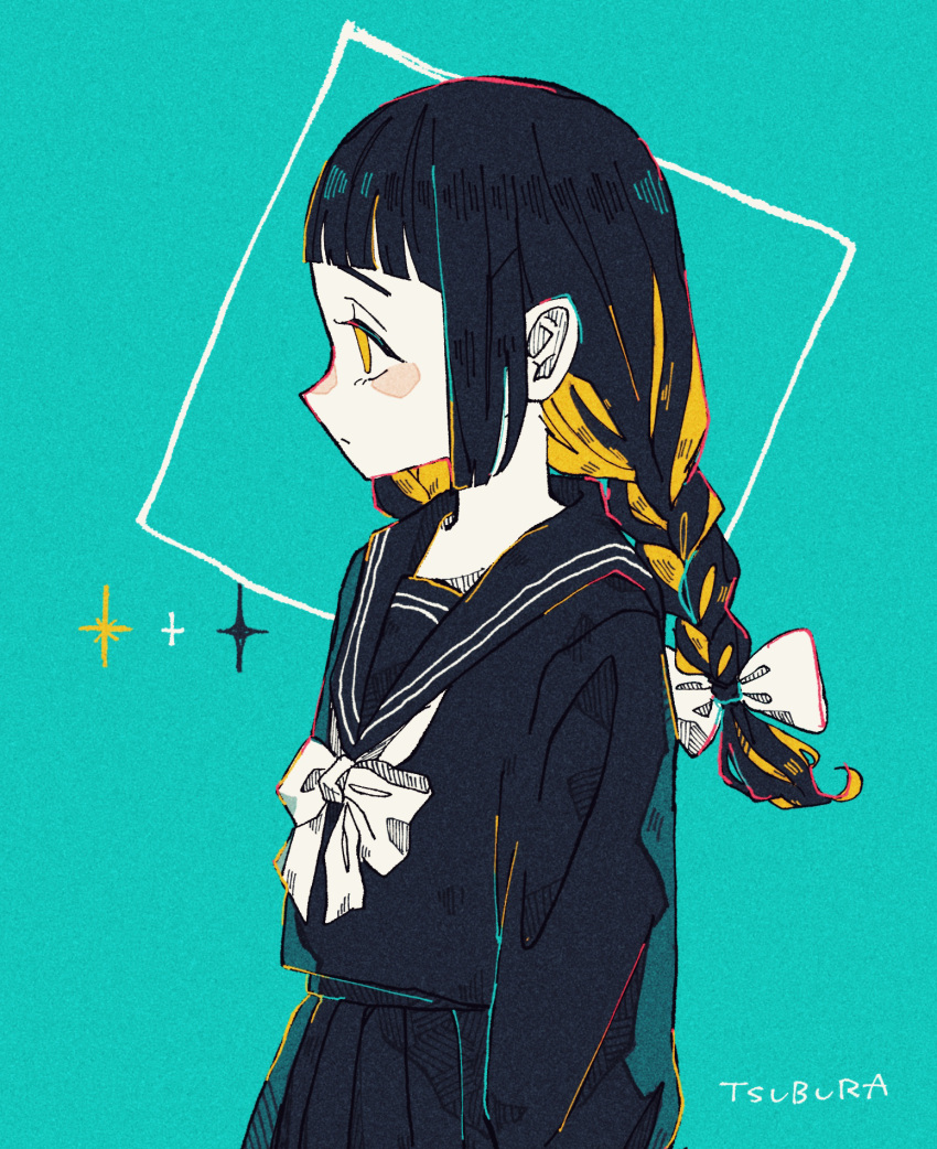 1girl, 99_yen_(tsubura), aqua_background, arm_at_side, artist_name, black_hair, black_serafuku, blonde_hair