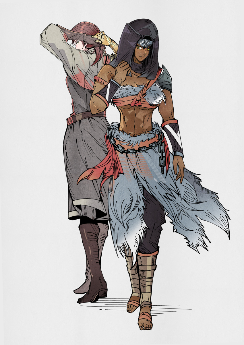 2girls, armor, barefoot, black_hair, boots, breasts, chain, dark-skinned_female