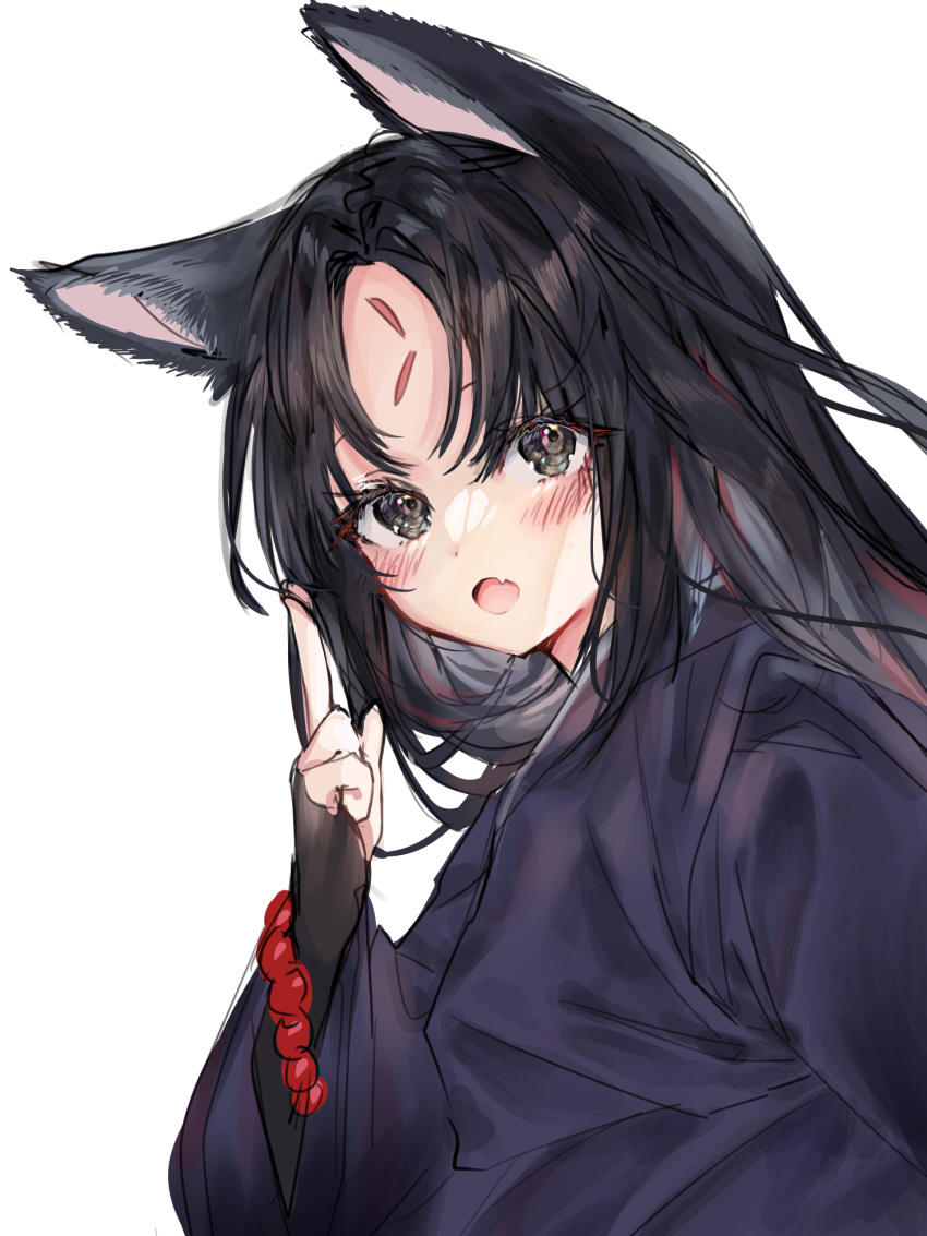 1girl, 414_(hncx3355), :o, animal_ears, arknights, bangs, bead_bracelet, beads, black_gloves, black_hair, black_kimono, blush, bracelet, brown_eyes, commentary_request, dog_ears, facial_mark, fang, fingerless_gloves, forehead_mark, gloves, highres, japanese_clothes, jewelry, kimono, korean_commentary, long_hair, looking_at_viewer, open_mouth, parted_bangs, saga_(arknights), simple_background, skin_fang, solo, upper_body, white_background