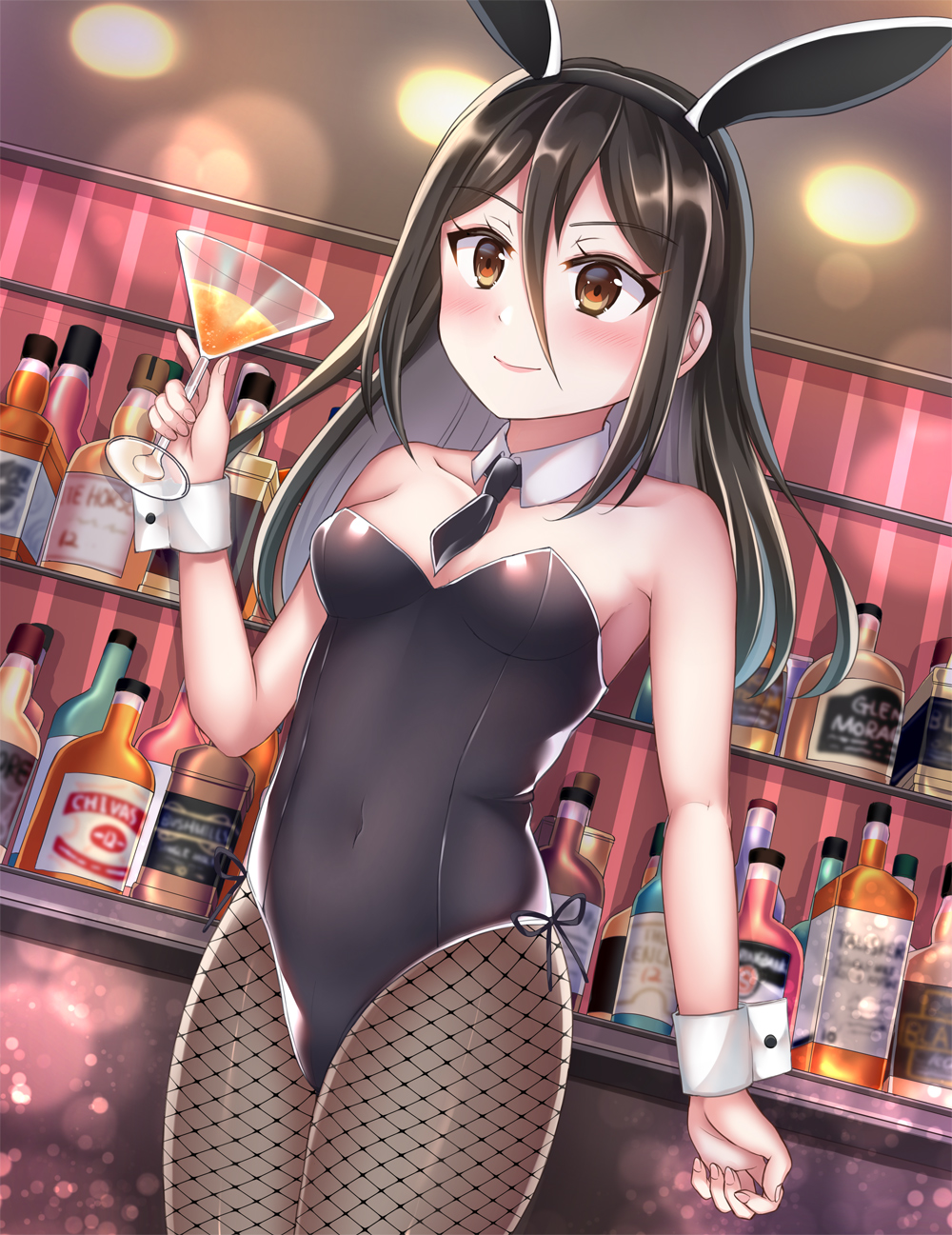 1girl, animal_ears, black_hair, black_leotard, bottle, bow, bowtie, brandy