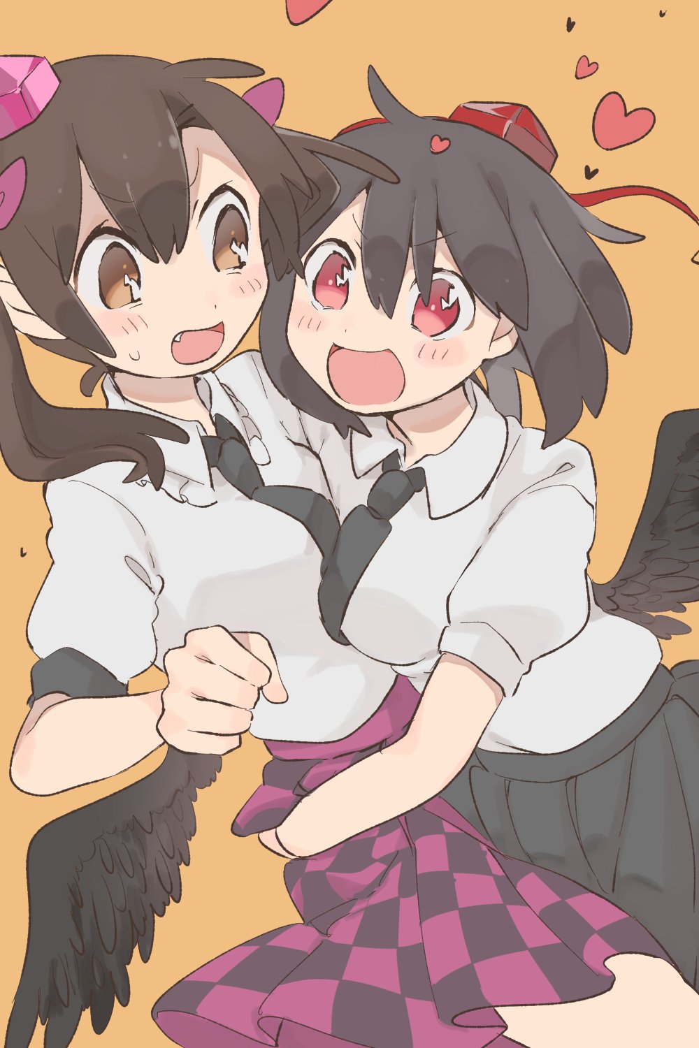 2girls, black_hair, black_neckwear, black_wings, blush, breasts, brown_hair, checkered, checkered_clothes, checkered_skirt, citrus_(place), fang, hat, heart, highres, himekaidou_hatate, multiple_girls, necktie, open_mouth, orange_background, puffy_short_sleeves, puffy_sleeves, red_eyes, ribbon, shameimaru_aya, shirt, short_sleeves, simple_background, skirt, smile, tokin_hat, touhou, twintails, white_shirt, wings