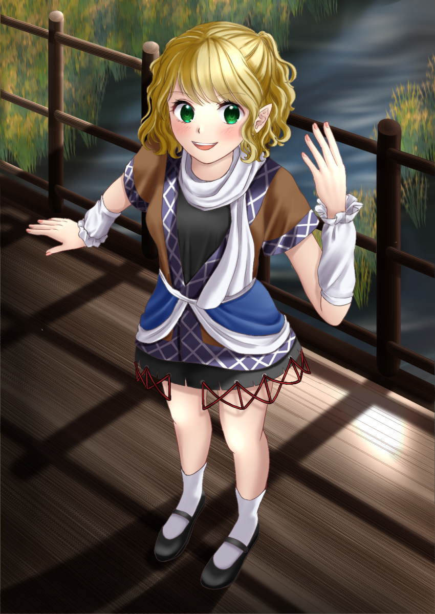 arm_warmers, bangs, black_footwear, black_shirt, black_skirt, blonde_hair, braid, breasts