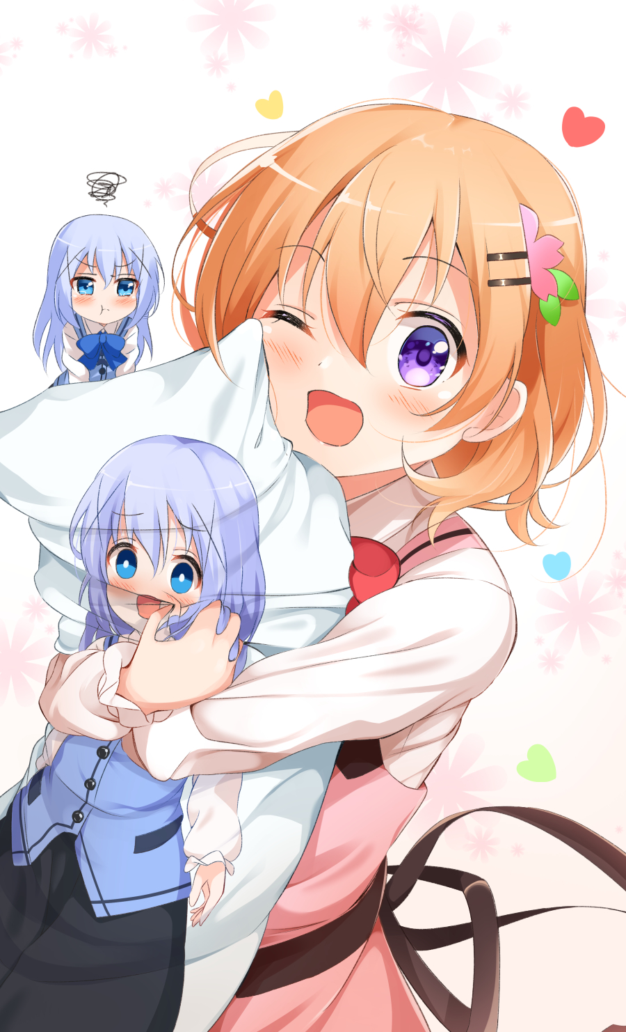 2girls, blue_eyes, blue_hair, blush, closed_mouth, collared_shirt, dakimakura_(object), eyebrows_visible_through_hair