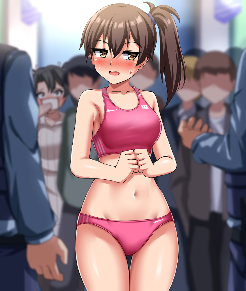 2girls, absurdres, bra, breasts, brown_eyes, brown_hair, collarbone, cowboy_shot