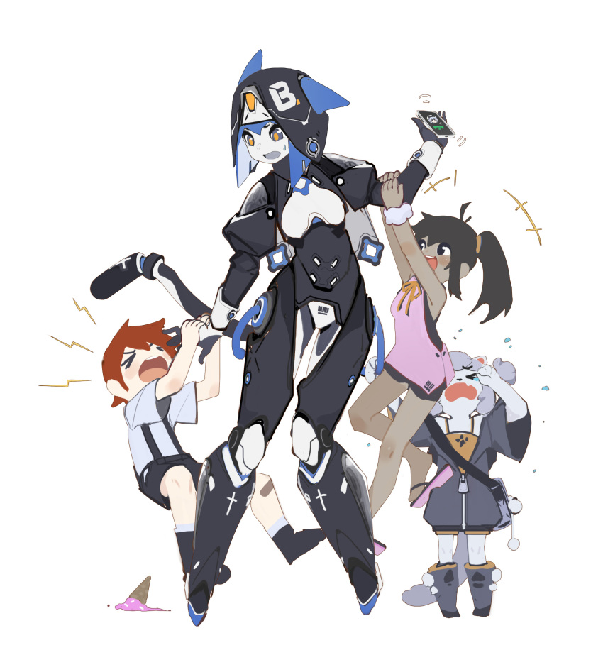>_<, 1boy, 3girls, absurdres, android, animal_ears, black_eyes, black_hair, blue_eyes, blue_hair, brown_hair, cellphone, child, clinging, closed_eyes, colored_skin, crying, dark-skinned_female, dark_skin, dress, fang, food, full_body, furry, habit, highres, ice_cream, ice_cream_cone, ice_cream_cone_spill, joints, multiple_girls, nun, open_mouth, original, phone, pink_dress, pushu_0w0, robot_joints, sandals, screaming, skin_fang, smartphone, standing, suspenders, sweatdrop, symbol-only_commentary, tail, teeth, upper_teeth, white_background, white_skin, yellow_pupils