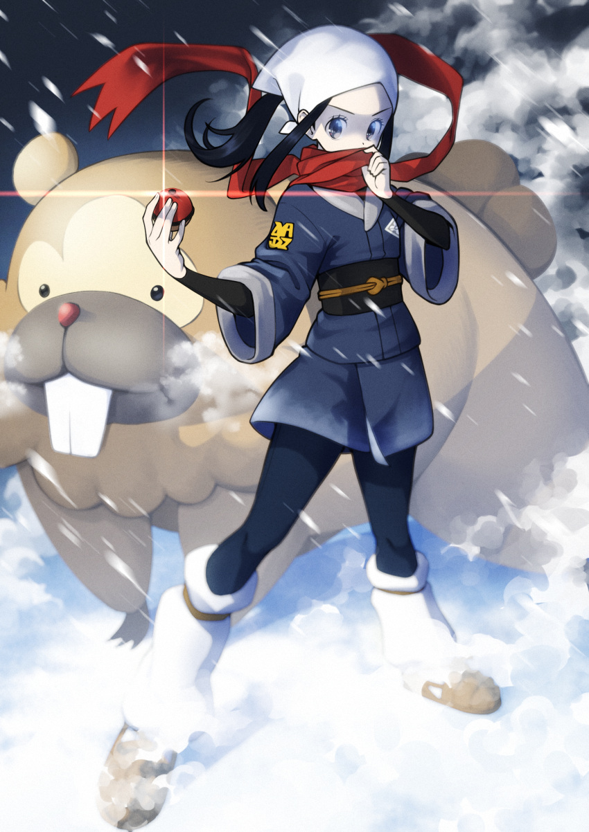 1girl, akari_(pokemon), alpha_pokemon, bidoof, black_eyes, black_legwear, black_sash, blue_shirt