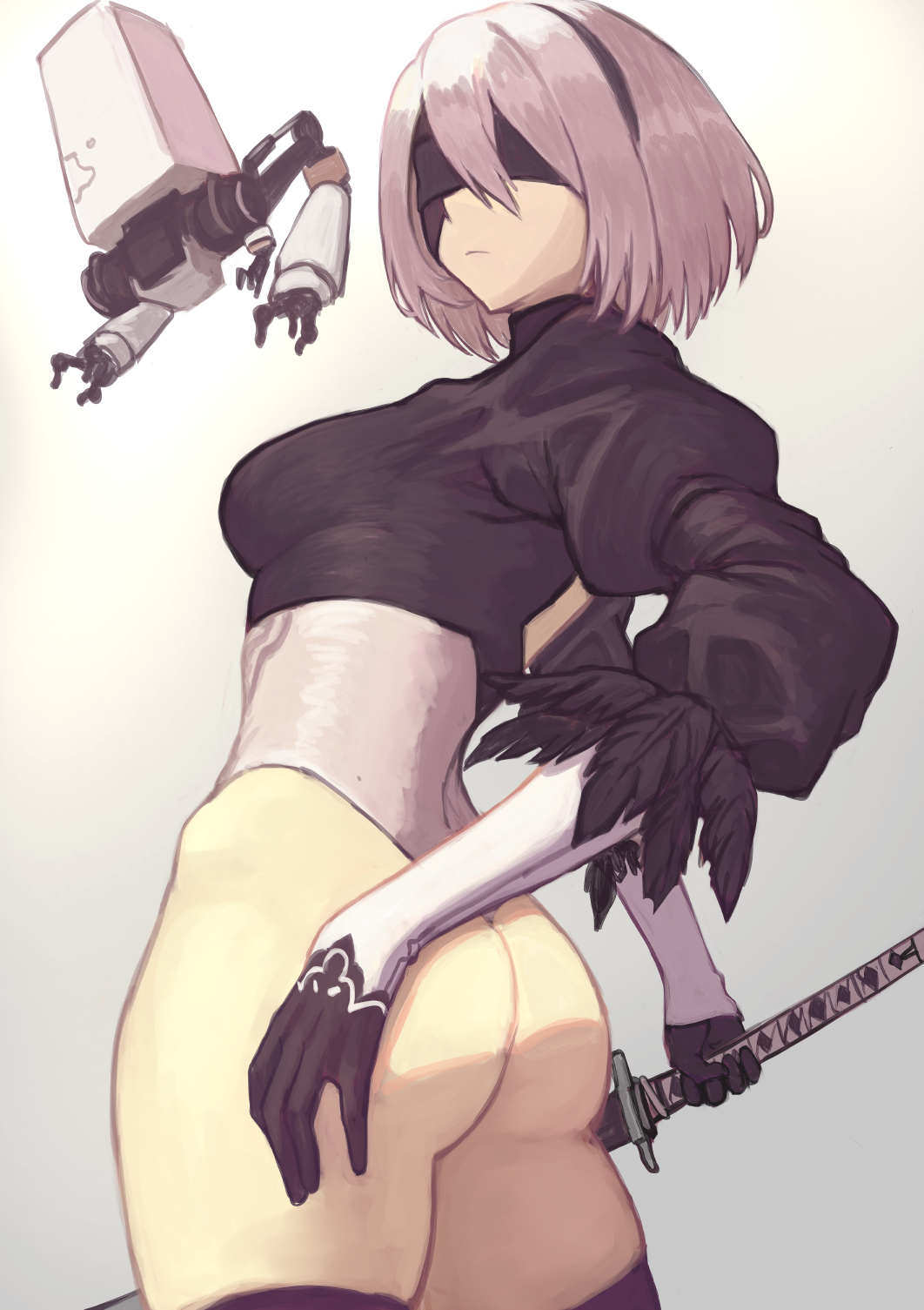 1girl, android, ass, black_blindfold, black_gloves, black_hairband, black_legwear, blindfold, closed_mouth, feather-trimmed_sleeves, feather_trim, feathers, gloves, grey_hair, hair_between_eyes, hairband, highres, holding, holding_sword, holding_weapon, janoukyo19, katana, nier_(series), nier_automata, pod_(nier_automata), puffy_sleeves, robot, short_hair, skindentation, sword, turtleneck, weapon, yorha_no._2_type_b