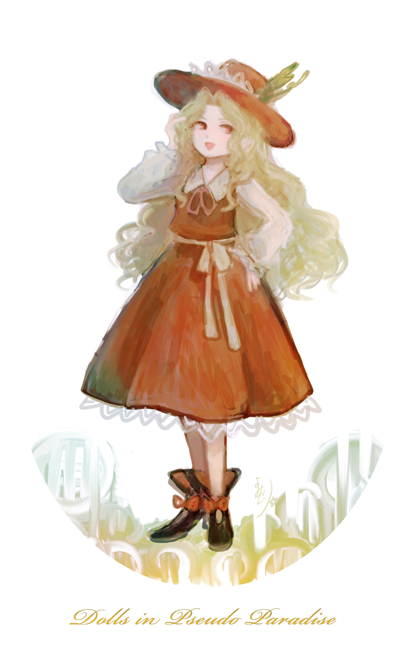 1girl, bangs, black_footwear, black_skirt, blonde_hair, bow, brown_eyes, brown_headwear