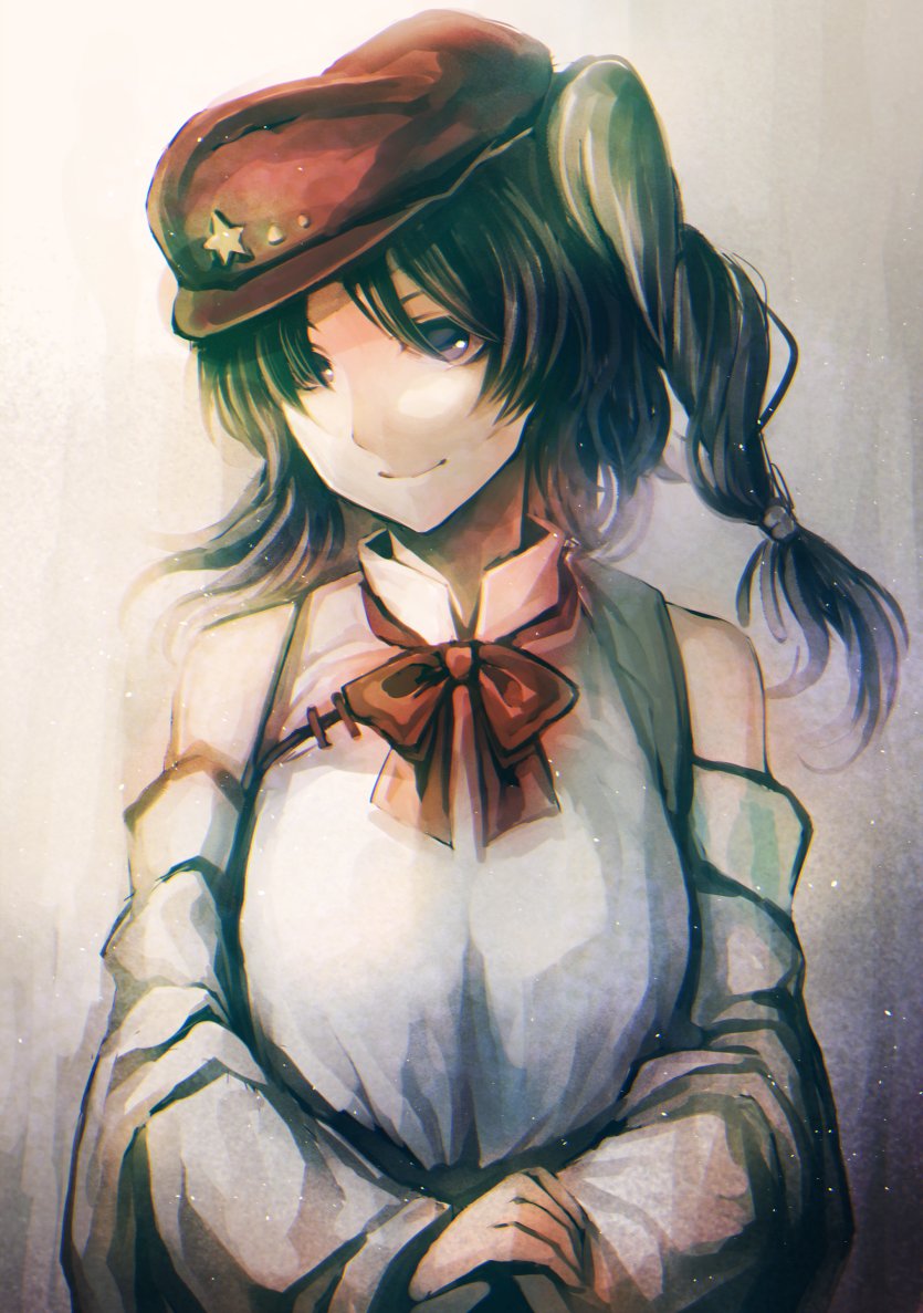 1girl, bare_shoulders, black_hair, bow, bowtie, breasts, cabbie_hat, closed_mouth