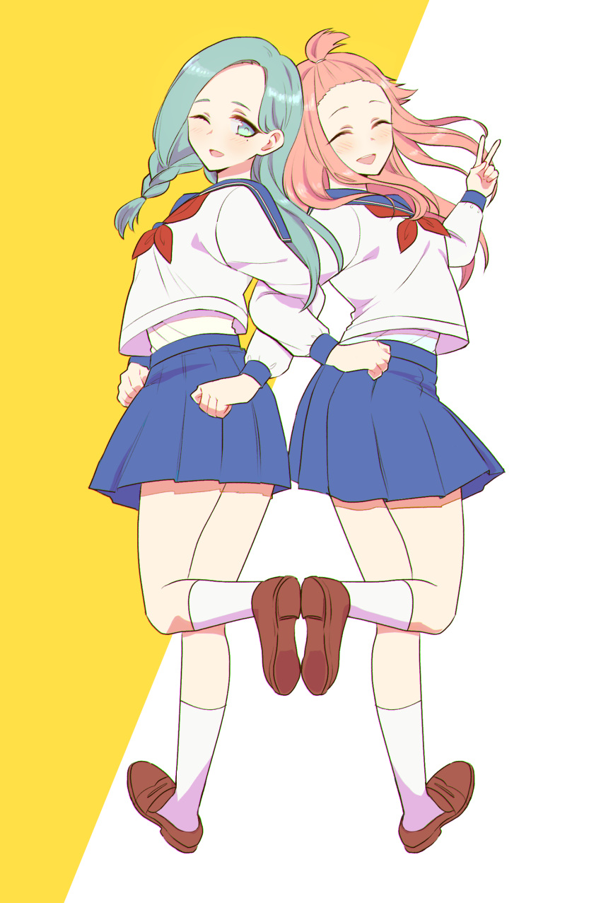 2girls, ;d, aqua_eyes, aqua_hair, blue_sailor_collar, blue_skirt, blush, braid