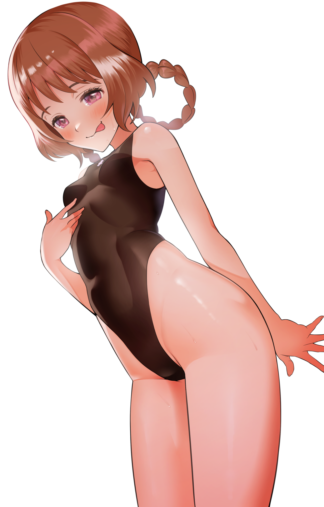 1girl, :p, black_leotard, blush, breasts, brown_hair, cowboy_shot, delicious_party_precure, hair_rings, hanamichi_ran, hand_up, highleg, highleg_leotard, highres, leotard, licking_lips, looking_at_viewer, medium_hair, nagashii_kouhei, precure, seductive_smile, simple_background, small_breasts, smile, solo, standing, sweat, tongue, tongue_out, violet_eyes, white_background