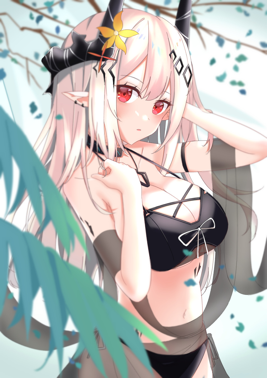 1girl, absurdres, akar1, arknights, arm_strap, bangs, bare_shoulders, bikini, black_bikini, black_choker, blush, breasts, choker, commentary, flower, hair_flower, hair_ornament, highres, horns, large_breasts, long_hair, looking_at_viewer, mudrock_(arknights), mudrock_(silent_night)_(arknights), oripathy_lesion_(arknights), parted_lips, pointy_ears, red_eyes, shawl, silver_hair, solo, stomach, swimsuit, upper_body, yellow_flower