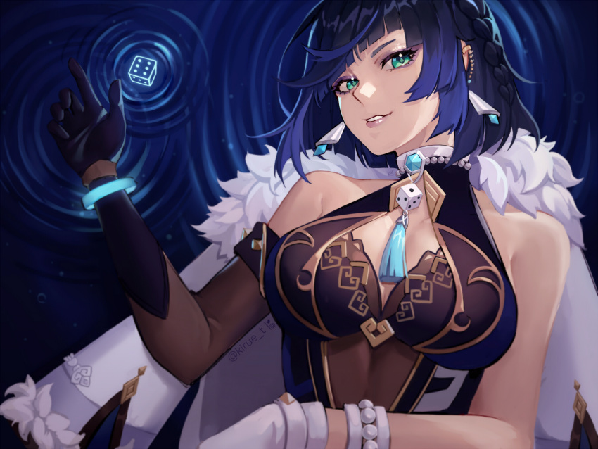 1girl, asymmetrical_gloves, bangs, black_hair, blue_background, blue_hair, bob_cut, breasts