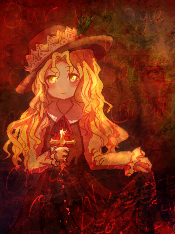 1girl, ancient, bangs, brown_dress, closed_mouth, commentary_request, cross, dolls_in_pseudo_paradise, dress, fedora, frilled_hat, frilled_skirt, frills, hat, hat_feather, holding, holding_cross, jacket, jacket_girl_(dipp), juliet_sleeves, long_hair, long_sleeves, looking_at_viewer, minus_(sr_mineka), parted_bangs, puffy_sleeves, shirt, skirt, skirt_hold, smile, touhou, upper_body, very_long_hair, wavy_hair, white_shirt, yellow_eyes