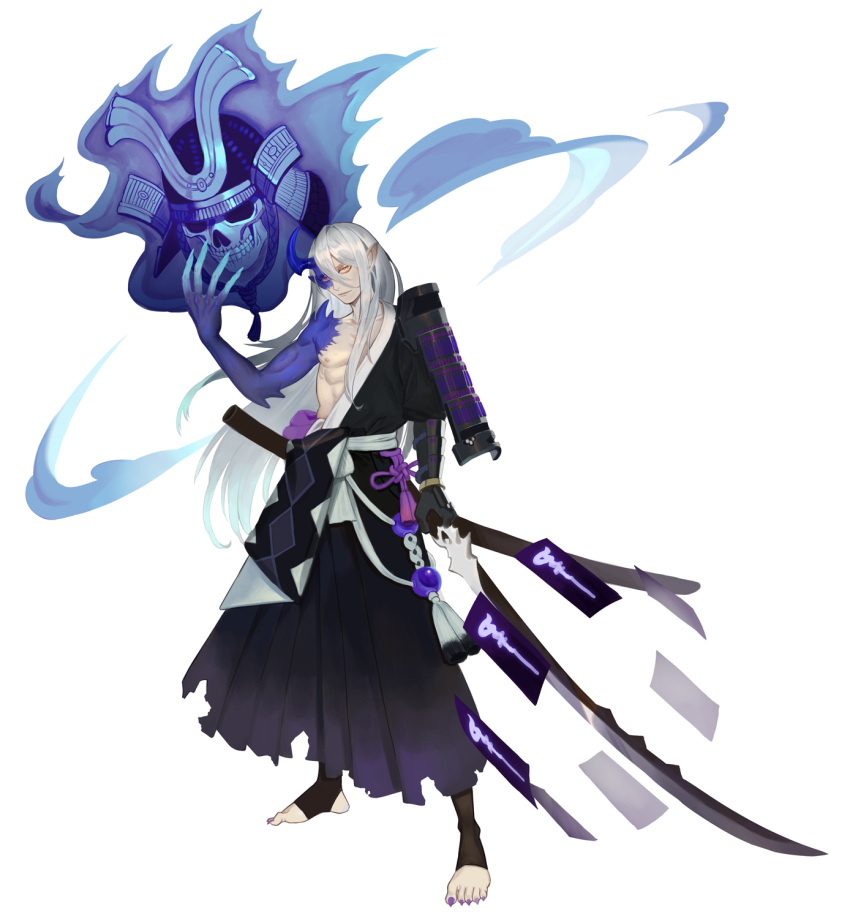 1boy, armor, bare_shoulders, blue_fire, blue_horns, blue_nails, blue_skin, closed_mouth, collarbone, colored_skin, fingernails, fire, flame, flaming_skull, floating, floating_skull, grey_hair, half-closed_eyes, helmet, heterochromia, highres, holding, holding_sword, holding_weapon, horns, japanese_armor, kabuto_(helmet), katana, light_blue_skin, long_fingernails, long_hair, long_toenails, male_focus, nail_polish, ofuda, original, pauldrons, pointy_ears, purple_nails, red_eyes, scabbard, sharp_fingernails, sharp_toenails, sheath, shoulder_armor, simple_background, single_bare_shoulder, single_horn, single_pauldron, skull, sode, solo, spikes, standing, sword, talisman, tassel, toenail_polish, toenails, torn, torn_clothes, udakyo, vambraces, weapon, white_background, yellow_eyes