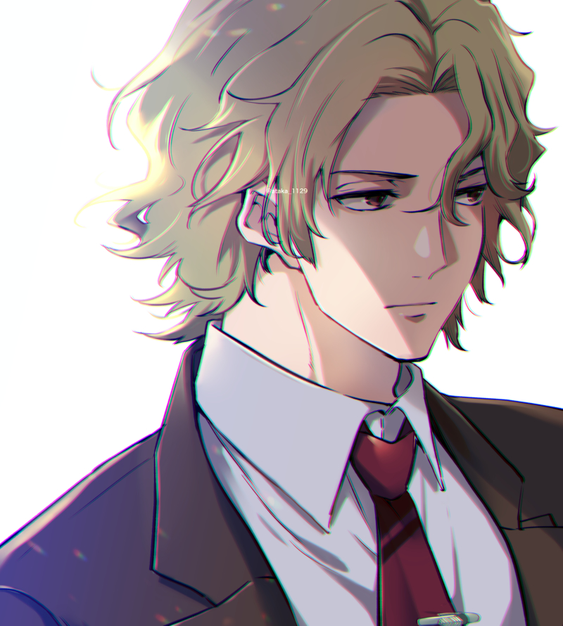 1boy, artist_name, ataka_takeru, blonde_hair, collared_shirt, formal, male_focus, miyasumi_tatsuru