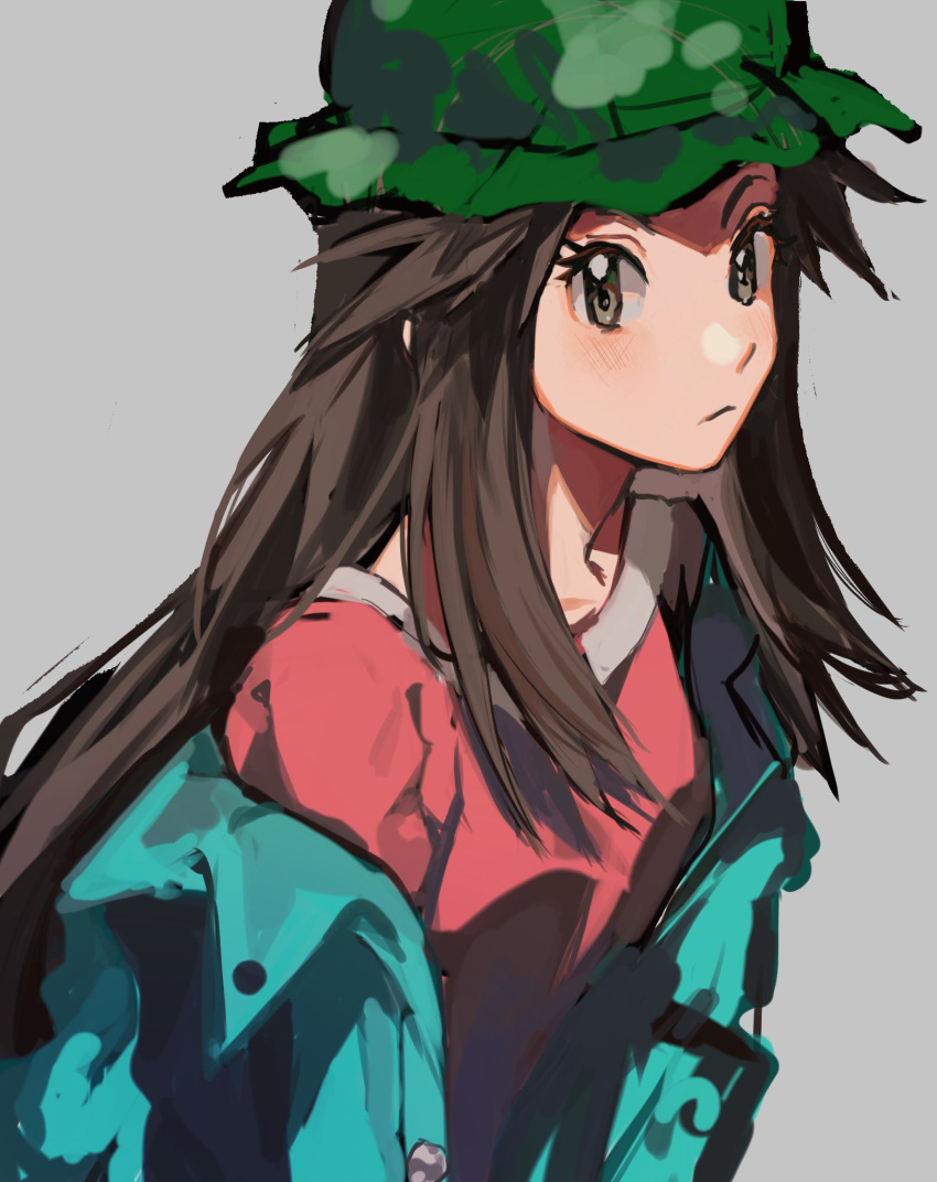 1girl, blush, brown_eyes, brown_hair, buttons, camouflage, camouflage_headwear, closed_mouth, coat, eyelashes, green_coat, green_headwear, hat, highres, leaf_(pokemon), mei_(manjunii), off_shoulder, official_alternate_costume, open_clothes, open_coat, pink_shirt, pokemon, pokemon_(game), pokemon_masters_ex, shirt, sidelocks, solo, symbol-only_commentary, upper_body