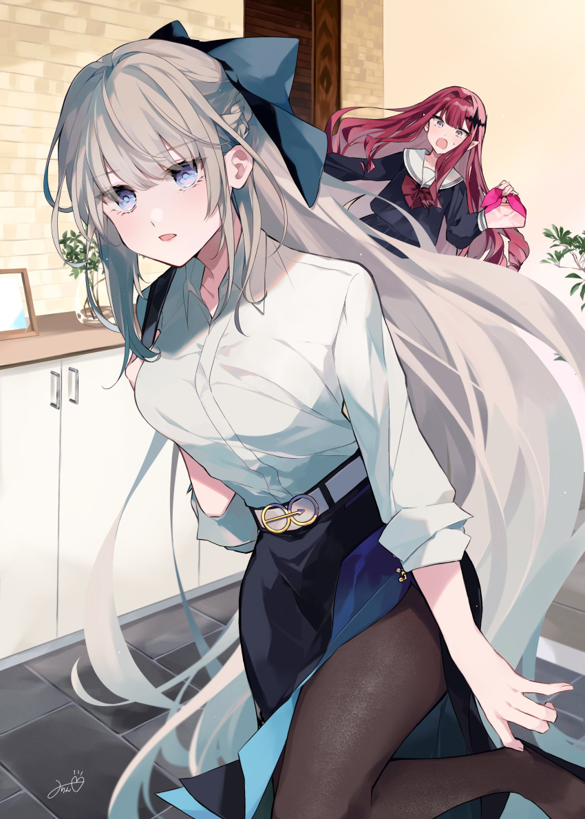 2girls, absurdres, alternate_costume, belt, black_bow, black_skirt, blue_eyes, bow