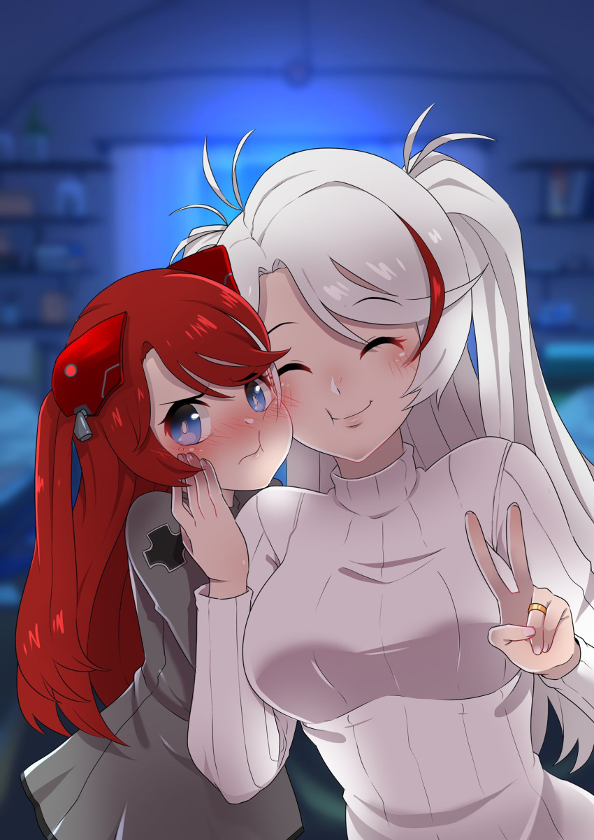 2girls, azur_lane, blue_background, blue_eyes, blush, canned_sardines, closed_eyes, cross, dress, embarrassed, grey_dress, hair_ornament, hand_on_another's_cheek, hand_on_another's_face, happy, highres, iron_cross, jewelry, long_hair, long_sleeves, mother_and_daughter, multicolored_hair, multiple_girls, prinz_eugen_(azur_lane), redhead, ring, silver_hair, streaked_hair, sweater, twintails, two_side_up, victory_pose, wedding_band, white_hair, white_sweater